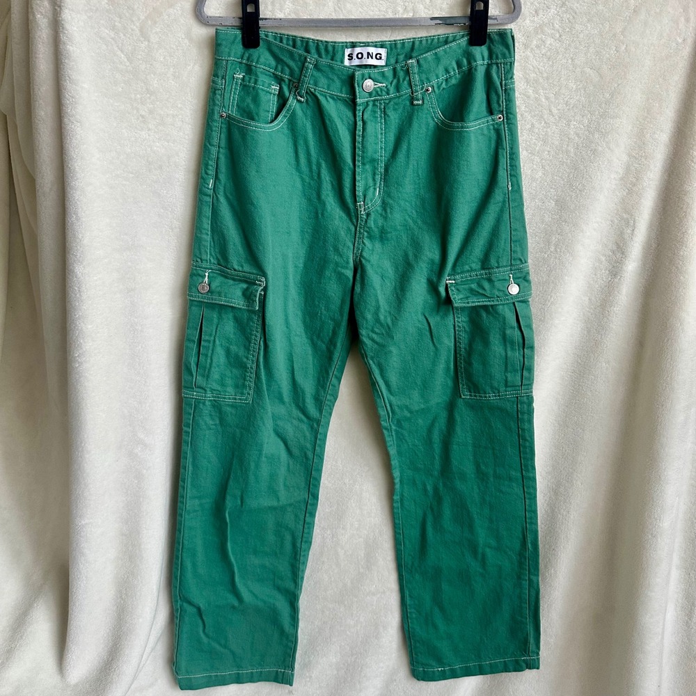 S.O.N.G. Green Cargo Pants Womens Size 13/31 Cotton Denim Utility Jeans Y2K